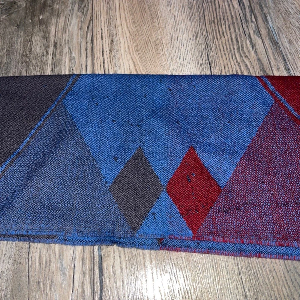 Vintage Yves Saint Laurent YSL Wool Scarf Geometric Diamond Blue Red Grey 66in
